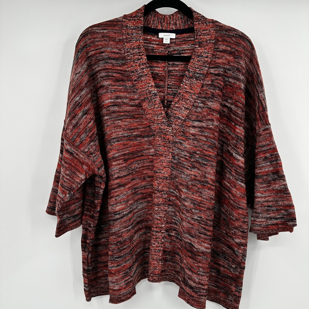 Pure Jill Space Dye V-Neck Knit Sweater Large Petite Red‎ Oversized Marled Boho